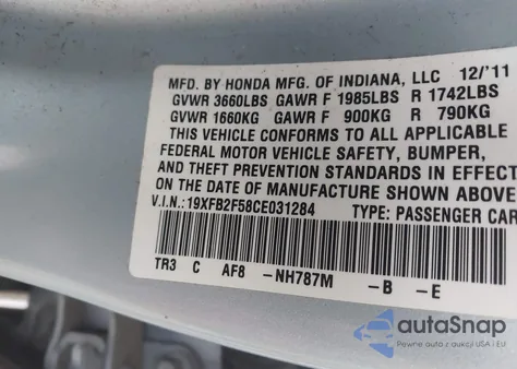 2012 Honda Civic Lx z USA, uszkodzony, nr VIN 19XFB2F58CE031284
